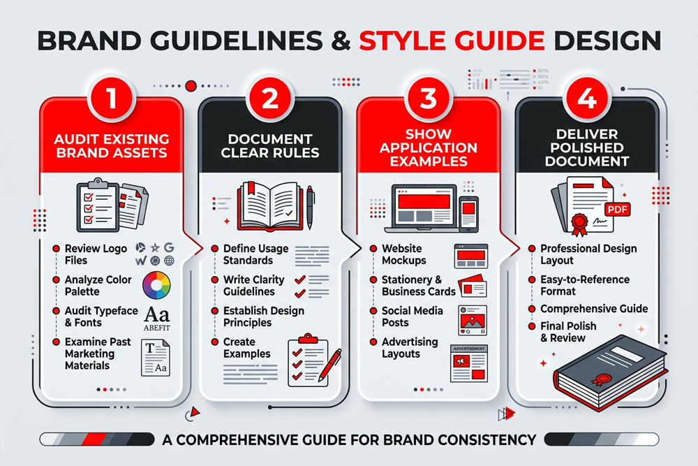 Brand guidelines document pages designed by Four States Marketing