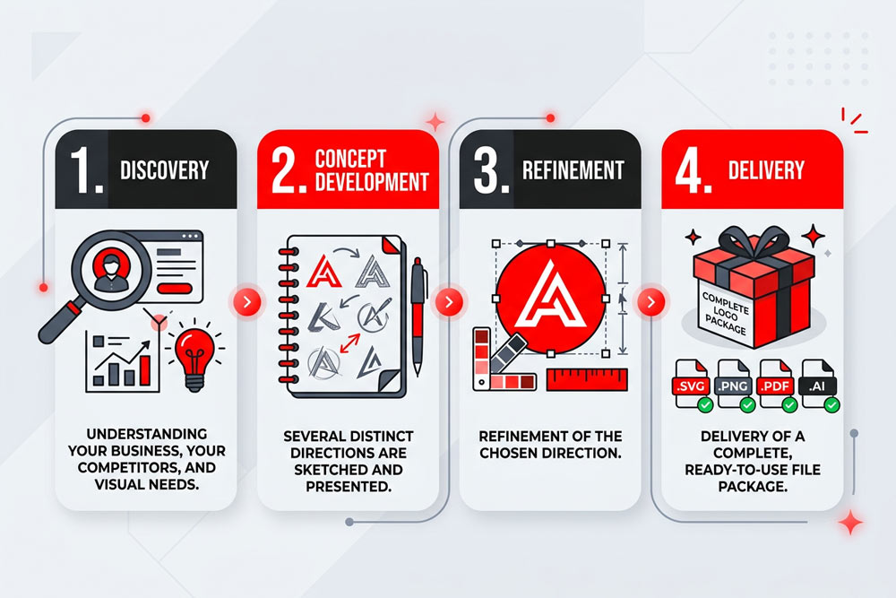 Logo design concepts and final mark developed for a Four States Marketing client